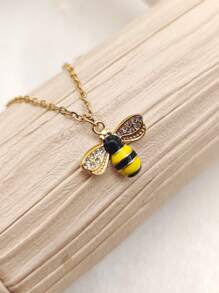 1pc Delicate Rhinestoned Bee Pendant Necklace, Suitable For Women's Everyday Wear