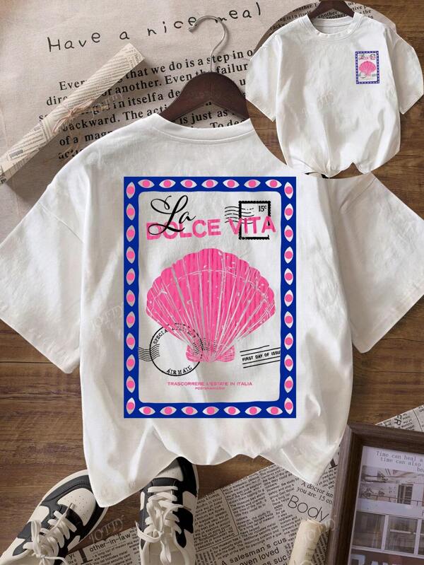 Tenue de plage d'été avec motif de tampon de coquillage d'océan, t-shirt à manches courtes à col rond décontracté pour femme