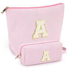 2 PCS Initial Makeup Bags For Women: Cosmetic Bag For Travel Toiletry - Birthday Gifts For 11 12 13 14 15 16 17 18 Years Old Girl Graduation Teacher Gift- Teen Girl Gifts Stuff - Pink A