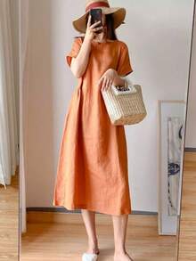 Vestido midi de unicolor para mujer con mangas cortas, minimalista y de moda, adecuado para primavera y verano elegante - Naranja - Ver 5