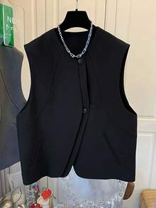 2025 Spring & Autumn New Design Sense Unique Premium Women Loose Vest Jacket - Black - View 3