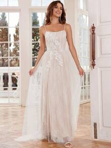 Spaghetti Strap Lace Wedding Dresses A-Line Luxury Hande Beading Bridal Gown Lace Up Back With Little Train - White - View 9