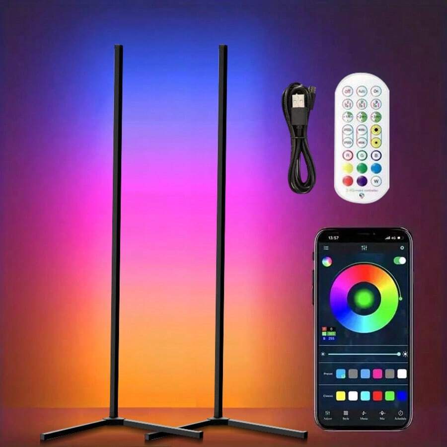 LED Wall Corner Lamp, USB POWERED RGB Corner Floor Lamp With APP,Remote Control And Timing Function Color Changing, 16 Million Colors & 68+ Scene Color Changing Ambience Light With Music Sync For Living Room, Bedroom, Gaming Room. - 黑色 - 查看 1