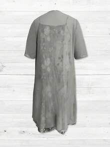 Spring/Summer Plus Size Women's Elegant Floral Print Sleeveless V-Neck Dress With 3/4 Sleeve Sheer Cardigan Two Pieces Set, Perfect For Romantic Weddings, New Year Outfits, Casual Outings Like Walking And Drinking Coffee - Grey - View 3