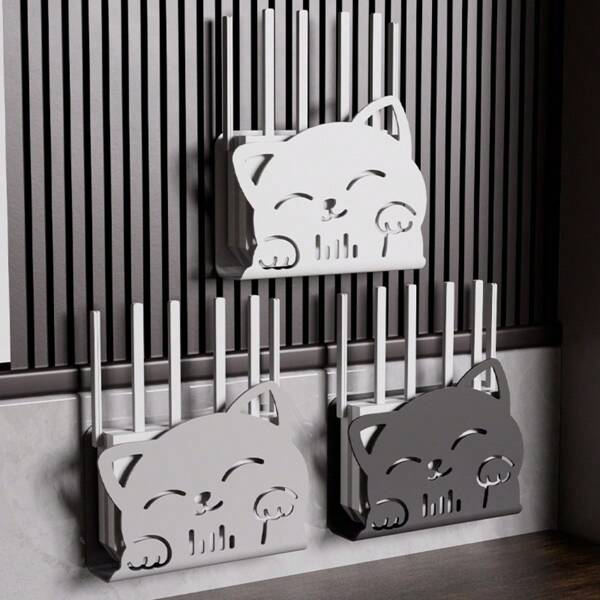 1pc Cute Router Stand, Made Of Plastic Material With 2pcs Self-Adhesive Tapes, Adorable Cat Face Pattern & Outline Design, Hollow-Out Cat Face Details, Won't Block Signal, Suitable For Daily Home Use, Back To School