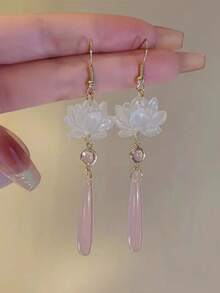 1 Pair New Chinese Style Lotus Flower Cat Eye Stone Teardrop Dangle Earrings, Suit For Women To Wear Daily With Hanfu - Pink - View 7