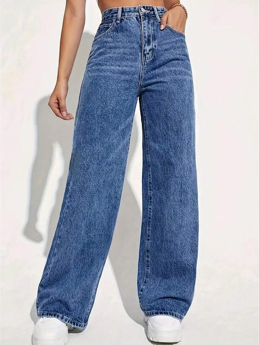 Teenagers' Fashion Casual Straight-Leg Jeans - Medium Wash - View 1
