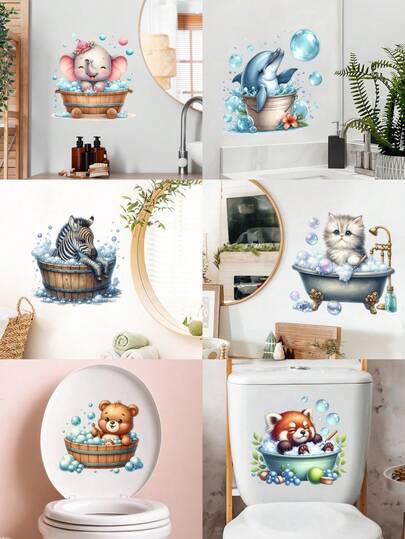 1 miếng dán tường nhà vệ sinh hình động vật dễ thương, họa tiết ngựa vằn, cá heo, voi, gấu ngộ nghĩnh, dùng để trang trí nắp bồn cầu, có thể tháo rời, chống thấm nước, dùng để trang trí phòng tắm.