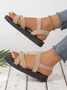 Sandales compensées noires mode femme, sandales confortables à talons pour l'été et les vacances à la plage - Nude - Voir 2