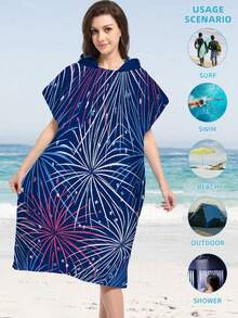 1pc Purple Firework Print Hooded Cape Wearable Robe - Soft Microfiber Firework Pattern Suitable For Boys, Girls, Couples - Beach & Home Decor, Couples Shawl | Microfiber Bathrobe Back To School - Multicolor - View 5