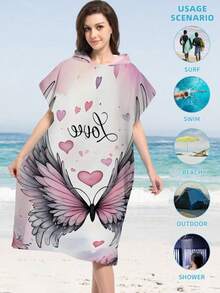 1pc Pink Butterfly Print Hooded Cape/Poncho - Super Soft Microfiber Butterfly Pattern, Suitable As Gift For Boys, Girls, Couples - For Beach & Home Decor, Couples Robe | Microfiber Bathrobe, Suitable For All Occasions Back To School - Multicolor - View 5