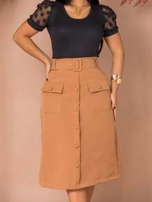 Women's Elegant Tailored Midi Skirt With Belt And Pocket Evangelical Fashion - 卡其色 - 查看 6
