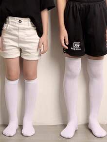 5 Pairs Children's White Over-Knee Socks, Long Tube Socks With No Heel Seam, Boys & Girls Outdoor Sports Football White Socks, Kindergarten & Elementary School Uniform Socks, Suitable For All Seasons, Moisture-Wicking & Breathable - White - View 2