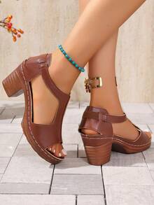 Zapatos de mujer de unicolor con estilo bohemio y retro, sandalias de tacón alto azules para damas, sandalias de tacón grueso - Marrón - Ver 7