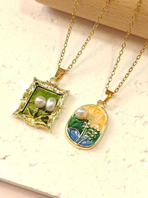 1 pièce Collier pendentif avec peinture à l'huile vintage française de jardin fleuri de Monet pour l'été, convient pour un port quotidien