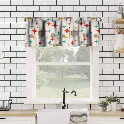 1 Panel, 60" W X 18" L Curtain Valance Modern Mid Century Valance Curtain, Colorful Abstract Atomic Starburst Geometric Diamond Pattern Window Treatment Valances For Bedroom Kitchen Room Decor Home Decor