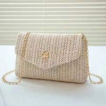 Women's Casual Woven Shoulder Bag, No Print Design, Magnetic Closure, Lightweight, Polyester Lining, Metal Chain Strap, Suitable For Daily Commute And Beach Holiday