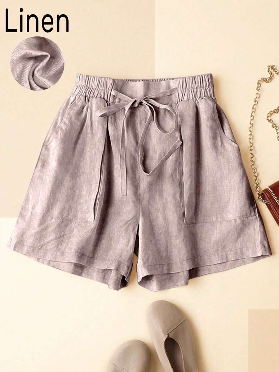 Shorts femininos casuais de linho com cordão na cintura e bolso para primavera e verão - Rosa - Ver 1