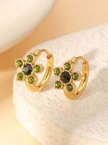 1 Pair Fashionable Minimalist Stainless Steel 18k Gold Plated Colorful Shiny Zirconia Four-Leaf Clover Flower Hoop Earrings, Hypoallergenic, Suitable For Women's Daily & Festival Accessories Or Gift, Especially For Summer Vacation