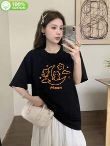 200g Pure Cotton T-Shirt 2025 Summer Ladies New Short Sleeve Pure Cotton Holiday Pattern Short Sleeve Round Neck Couple Wear Small Shirt Tops - 黑色 - 查看 1
