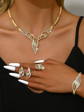 5 st lyxiga och överdrivna smyckeset med guldfärgat strassbladdesign i halsband, örhängen, ringar och armband, lämpliga för kvinnors bröllop, festkläder eller som jul- och nyårspresent.