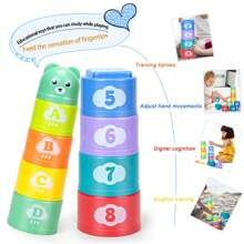 Juego de 9 piezas de vasos apilables educativos para bebé, juguetes de aprendizaje para clasificación, ciencia y cognición educativa, bloques de construcción de partículas grandes, vasos apilables con patrones de letras digitales y diseño de oso de dibujos animados (colores aleatorios)