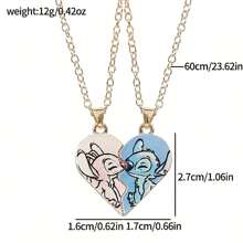 Disney Set Of 2 Disney Stitch Necklaces Designed For Couples, Featuring A Charming Heart Pendant And Magnetic Attraction, Perfect For Lovers.