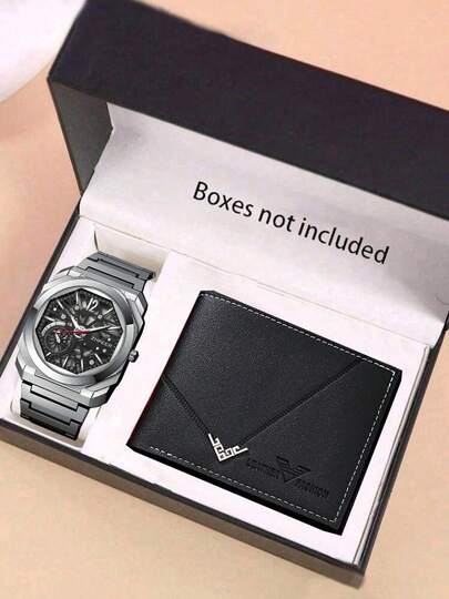 2枚組:メンズファッション エレガント 財布+スポーティー クォーツ腕時計スーツ、記念日、誕生日、父の日のプレゼントに最適