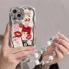 Electroplated Cream Wave Phone Case With Pearl Hanging Chain, All Inclusive Anti Drop And Shockproof Phone Protective Case, Fashionable Phone Accessories Compatible With IPHONE 11 12 13 14 15 16 Pro Max Pro Plus Series - Fashionable And Creative Design New Phone Case - Multicolor 1 - View 1