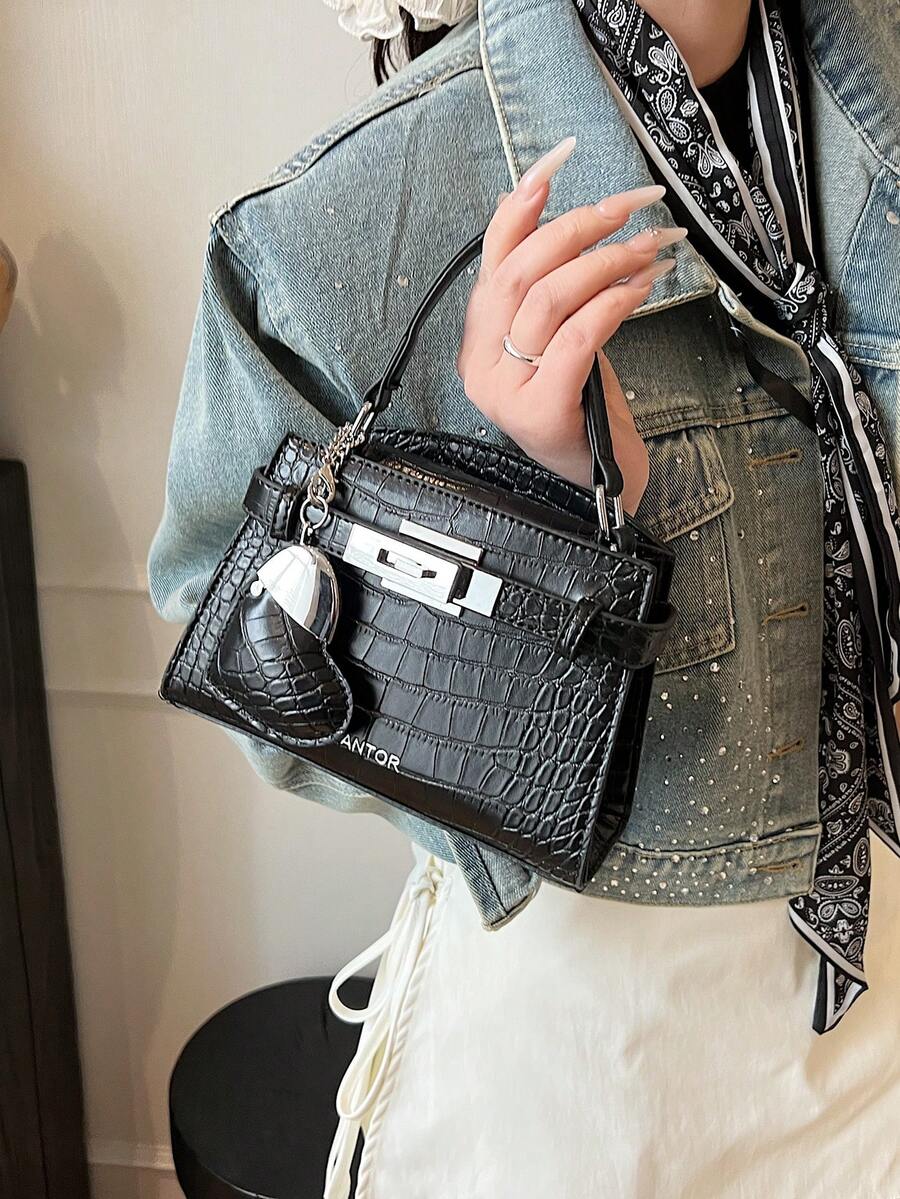 女士迷你鳄鱼纹手提包，新款时尚小方形单肩斜挎包 - 黑色 - 查看 1