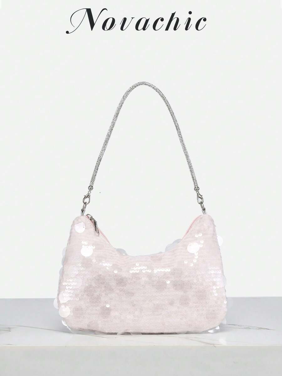 Novachic 1 件亮片，亮片装饰，度假风格，闪亮水晶腕饰，女士拉链斜挎包，适合度假和派对 - 淺粉色 - 查看 1