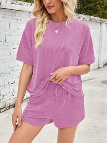 Women's Two Piece Number Stripe Short Sleeve Drawstring Shorts Casual Loungewear Set - Màu tím - Xem 1