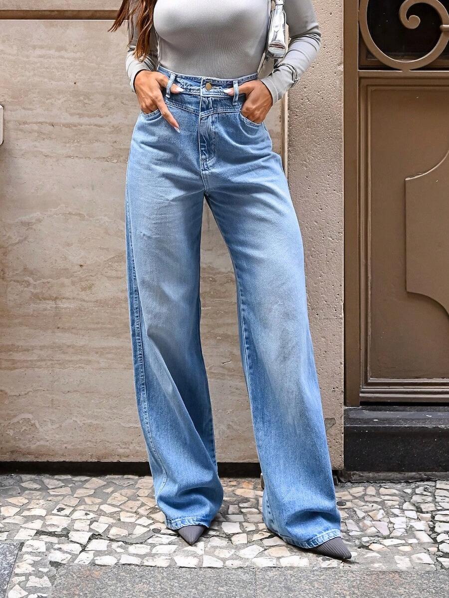 Manon Store Women's Wide Leg Jeans High Waist Light Wash Simple Casual Elegant Denim Zipper Button Pocket Daily Travel Evening Holiday - 霧霾藍 - 查看 1