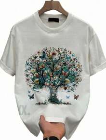 Printed T-Shirt Blouse 100% Cotton Comfort Casual Short Sleeve