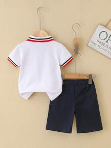 2pcs Boys' Casual Summer Set - Striped Polo Shirt And Loose Fit Knee-Length Shorts, Suitable For Sports Events