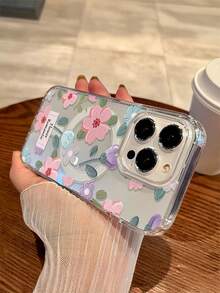 1 pièce Étui de téléphone portable transparent anti-chute avec charge sans fil magnétique, design de peinture à l'huile florale, matériau doux+dur, convient comme cadeau de fête pour 15 16pro/Promax/14 15 16plus, résistant aux empreintes digitales et aux rayures, brillant et transparent, unisexe - Transparent - Voir 3