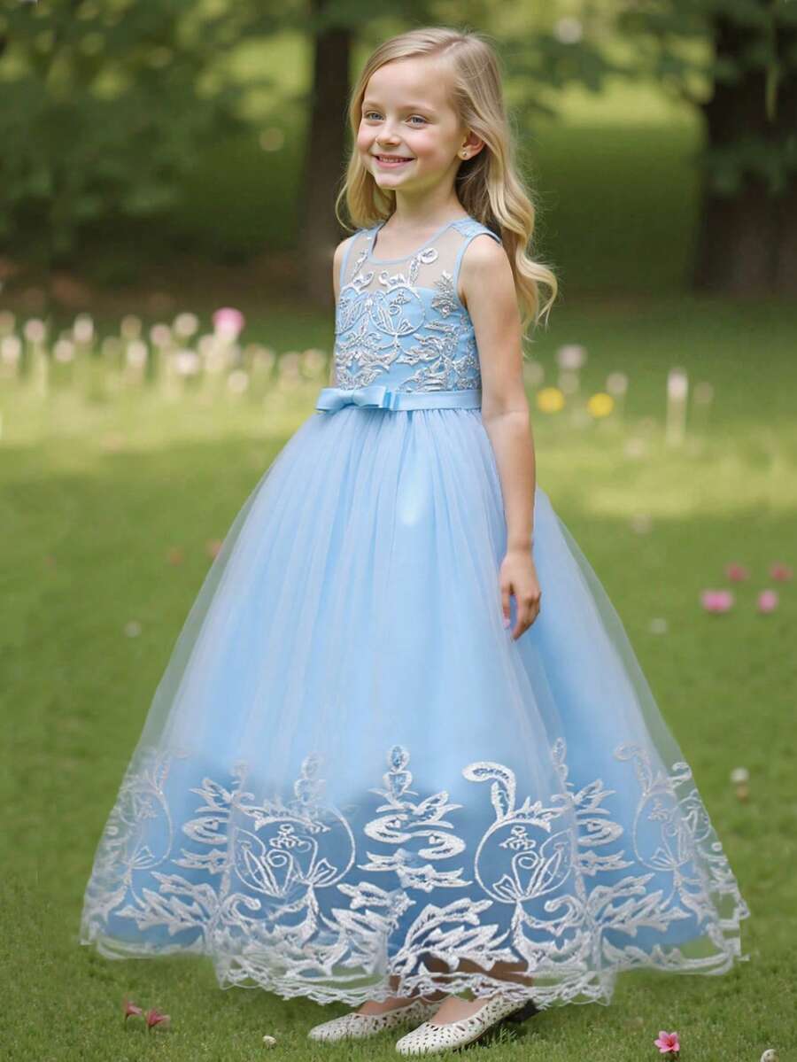 青少年女孩高端刺绣亮片无袖花童婚纱，蓬松生日婚礼派对公主礼服 - 藍色 - 查看 1