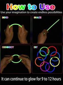 100支彩色荧光棒，可连续发光8-12小时，在黑暗中闪闪发光。可制作成手链、项链或霓虹灯装饰品，适用于派对、酒吧、夜总会、派对用品、生日礼物和推荐礼品。