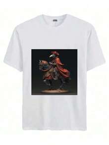 Men's Popular Cotton DIY T-Shirt Skeleton Knight In A Red Cloak, Riding A Horse. - White - View 1