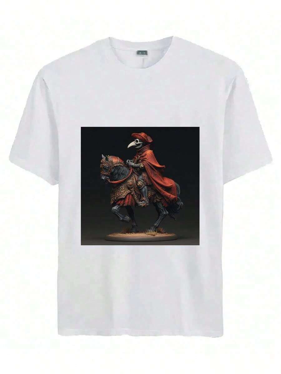 Men's Popular Cotton DIY T-Shirt Skeleton Knight In A Red Cloak, Riding A Horse. - White - View 1