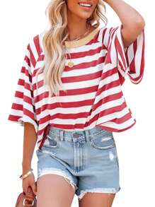 Casual Minimalist Striped Pattern Round Neck Short Sleeve Loose Women's T-Shirt, Suitable For Summer, Oversized T Shirt