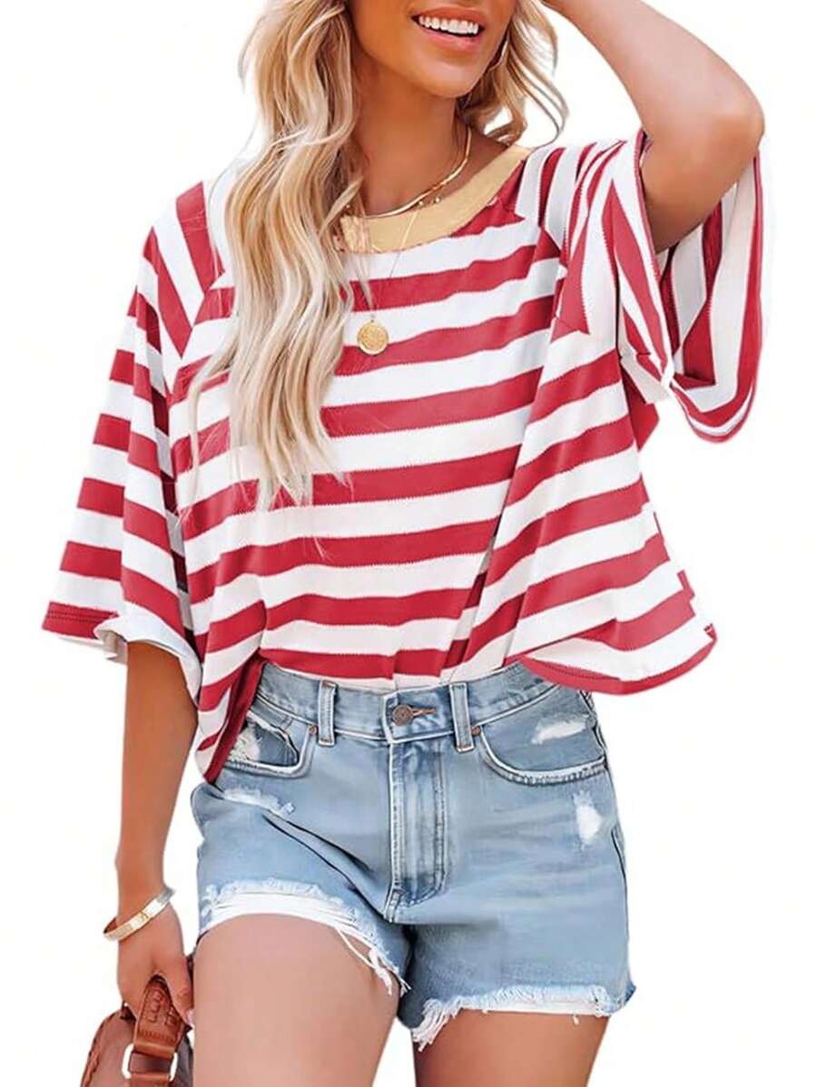 Casual Minimalist Striped Pattern Round Neck Short Sleeve Loose Women's T-Shirt, Suitable For Summer, Oversized T Shirt