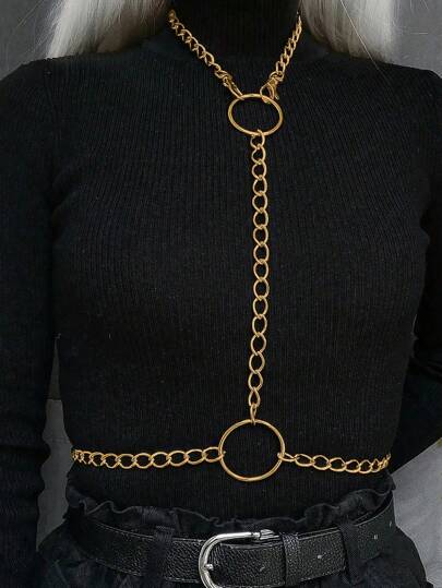 1 Peça Corrente Corporal Anel Geométrico Dourado Estilo Gótico Sexy Feminino, Adequada para o Cotidiano, Verão, Escola