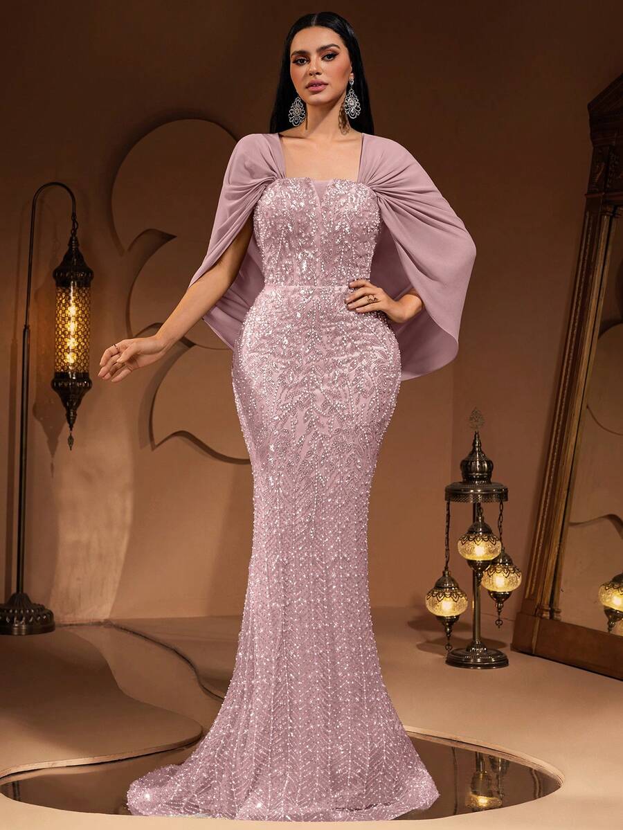Đầm maxi đuôi cá tay bồng sang trọng, cao cấp, đính sequin, ren và voan, kiểu dáng thời trang mới dành cho nữ, thích hợp cho tiệc tùng, thảm đỏ, đám cưới, cô dâu, hoặc dịp Lễ Tình nhân mùa xuân.