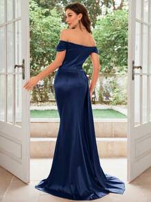 MUXXN Off-The-Shoulder Draped Side Slit Satin Formal Dress - Navy Blue - View 2