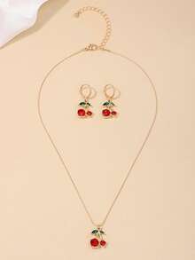 3pcs/Set Delicate Metal Cute Red Cherry Necklace & Earrings Jewelry Set, Suitable For Daily Wear And Gift - Red Cherry - View 5
