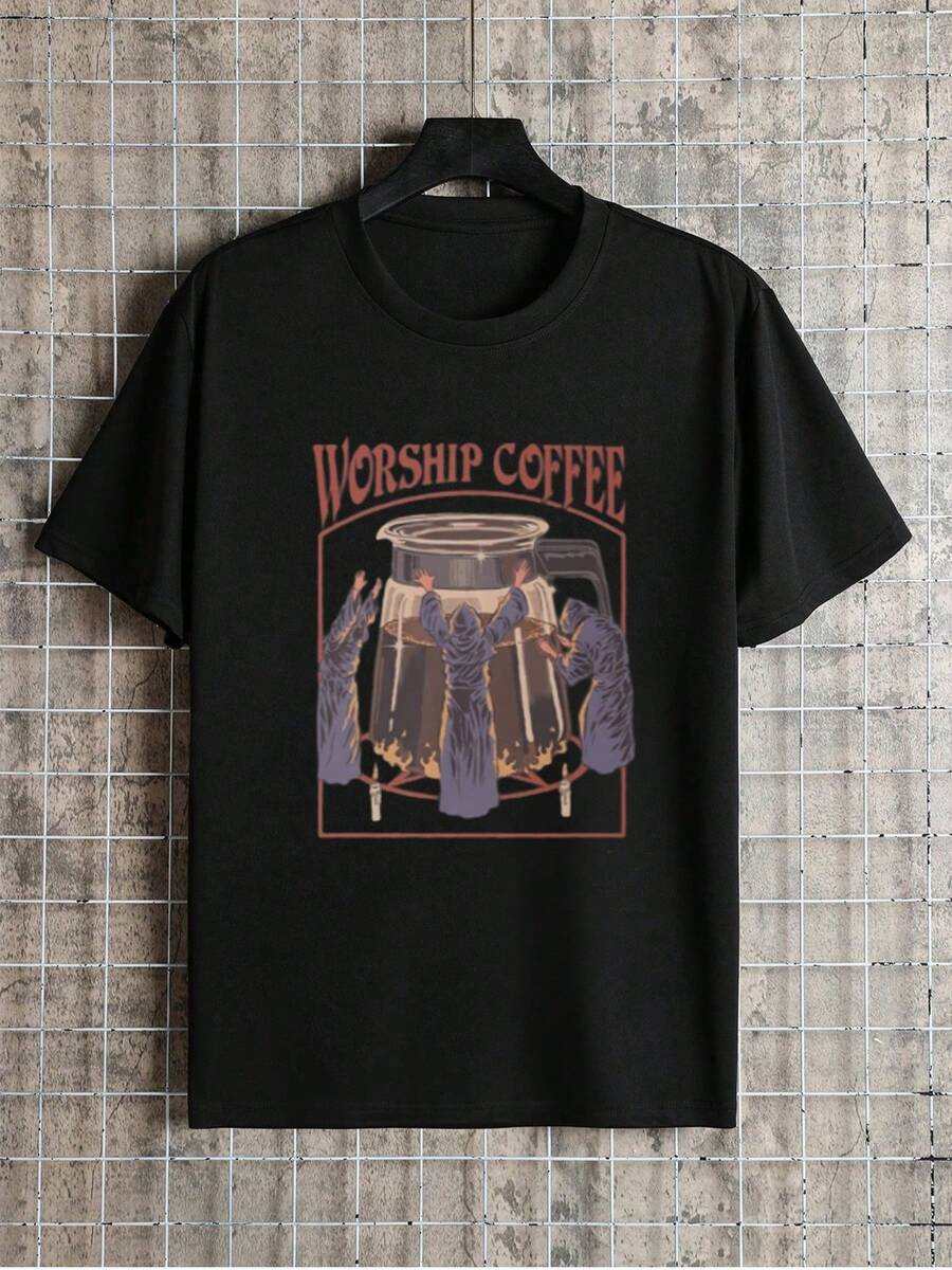1pcs Coffee Retro Men's Tshirt Coffee Cultist Worship Theme 100% Pure Cotton Brew Time Fun Casual Wear, Perfect For Coffee Lovers And Barista's Daily Life Style - 黑色 - 查看 1