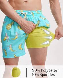Mens Swim Trunks With Compression Lined Short Bathing Suits For Men 5 Inch Inseam Liner Men's Swimming Trunk - Green Tropical - View 3