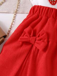 Set de 2 piezas de parte superior con mangas tipo casquillo con estampado de fresa + falda de pana con lazo, estilo casual de verano para niñas - Rojo - Ver 7