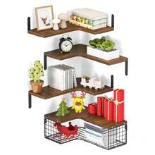 Wandregal, Eckregale, mit 4 Ebenen, L-förmiges Eckregal, Schweberegal, Bücherregal, Hängeregal, Holzregal, für Badezimmer, Küche, Schlafzimmer, Heimdekoration, Waschküche, Wohnzimmer, Dunkelbraun